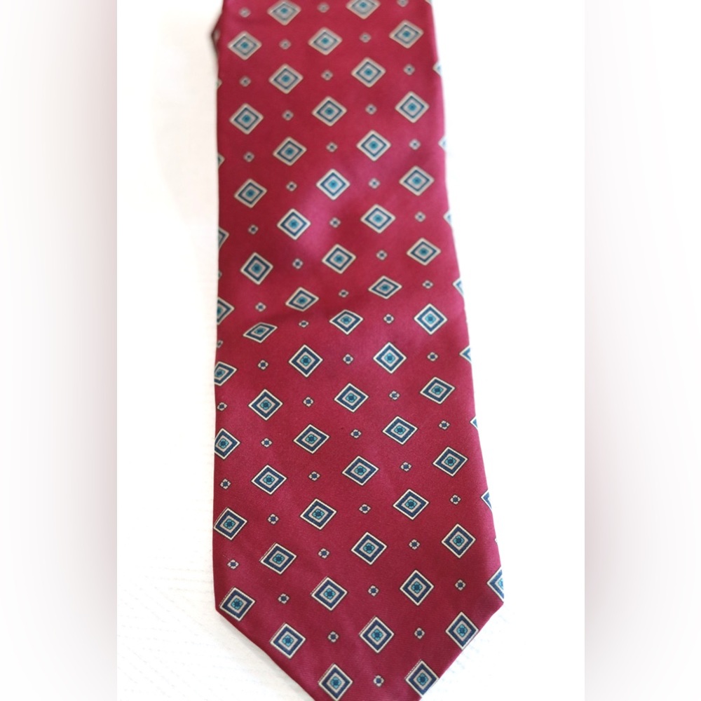 Vintage Pierre Cardin 100% silk geometric floral rust red and blue necktie 58.5”